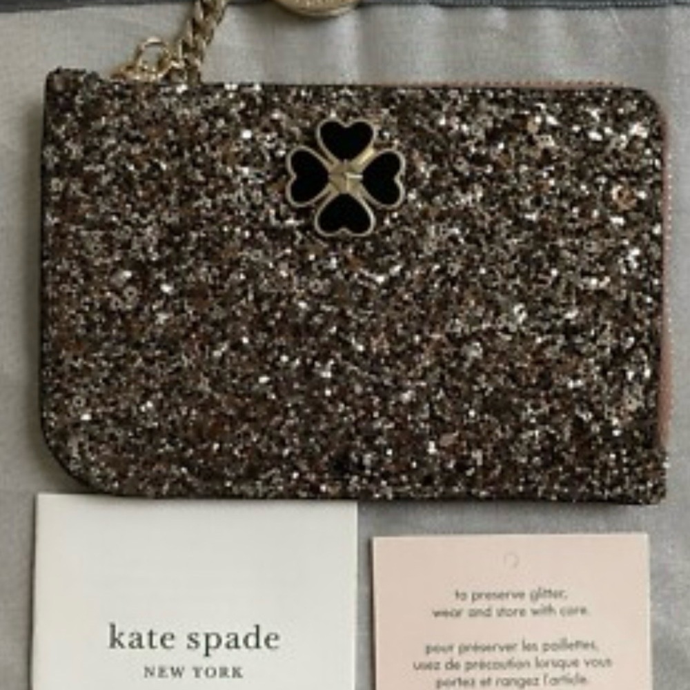 Kate Spade NWT Sparkling Black Glitter Card Holder/Case /Key Ring - Picture 2 of 7
